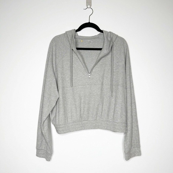 NWOT Zella Half Zip Ribbed Hoodie Women's Elastic Waist Light Gray Size L - Picture 2 of 8
